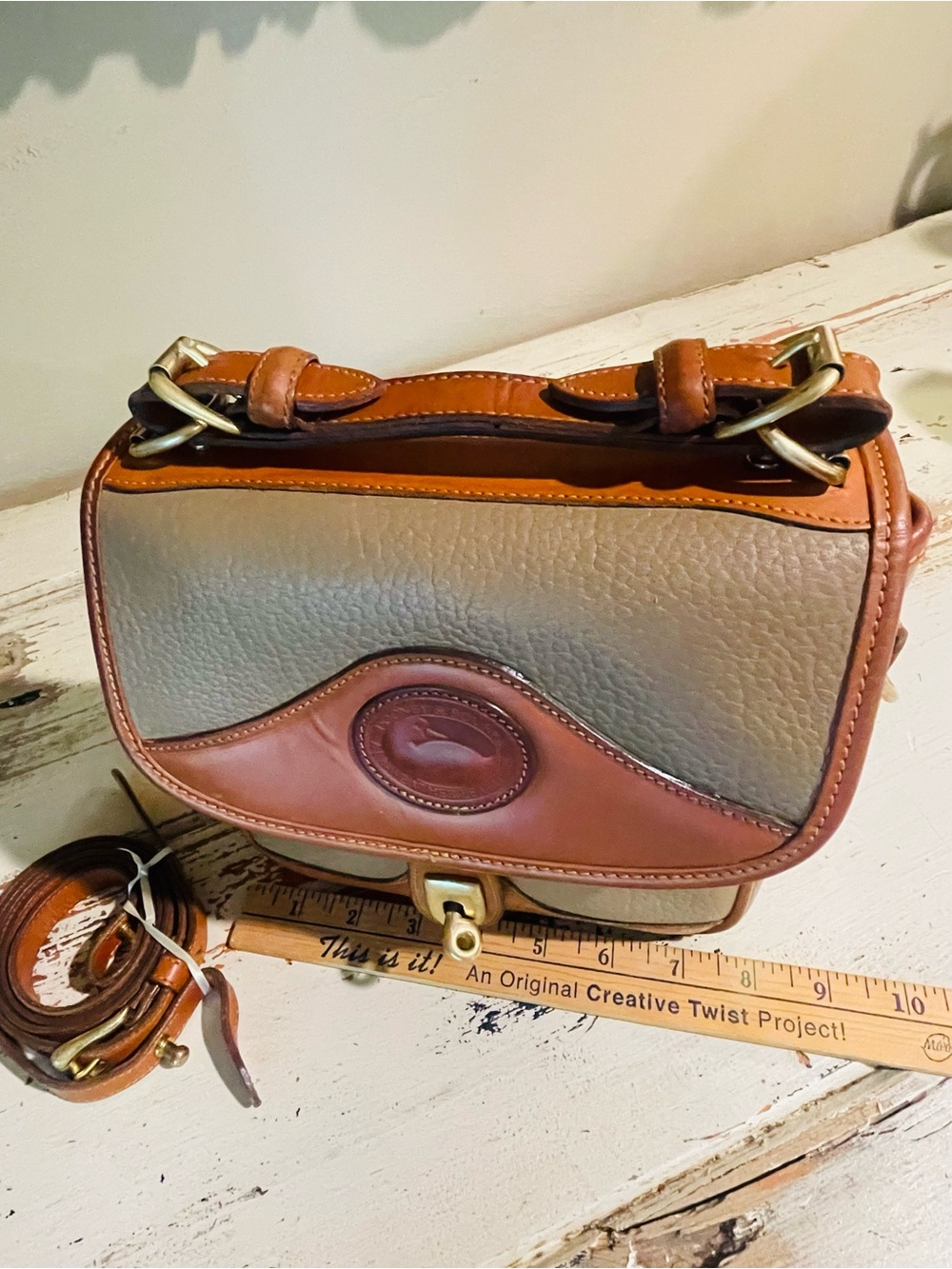 Dooney & Bourke  AWL CarrierTan and Taupe Leather Crossbody Satchel - Picture 6 of 16